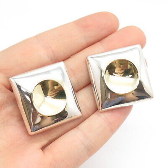 925 Sterling Silver 2-Tone Vintage Mexico Concave Clip On...